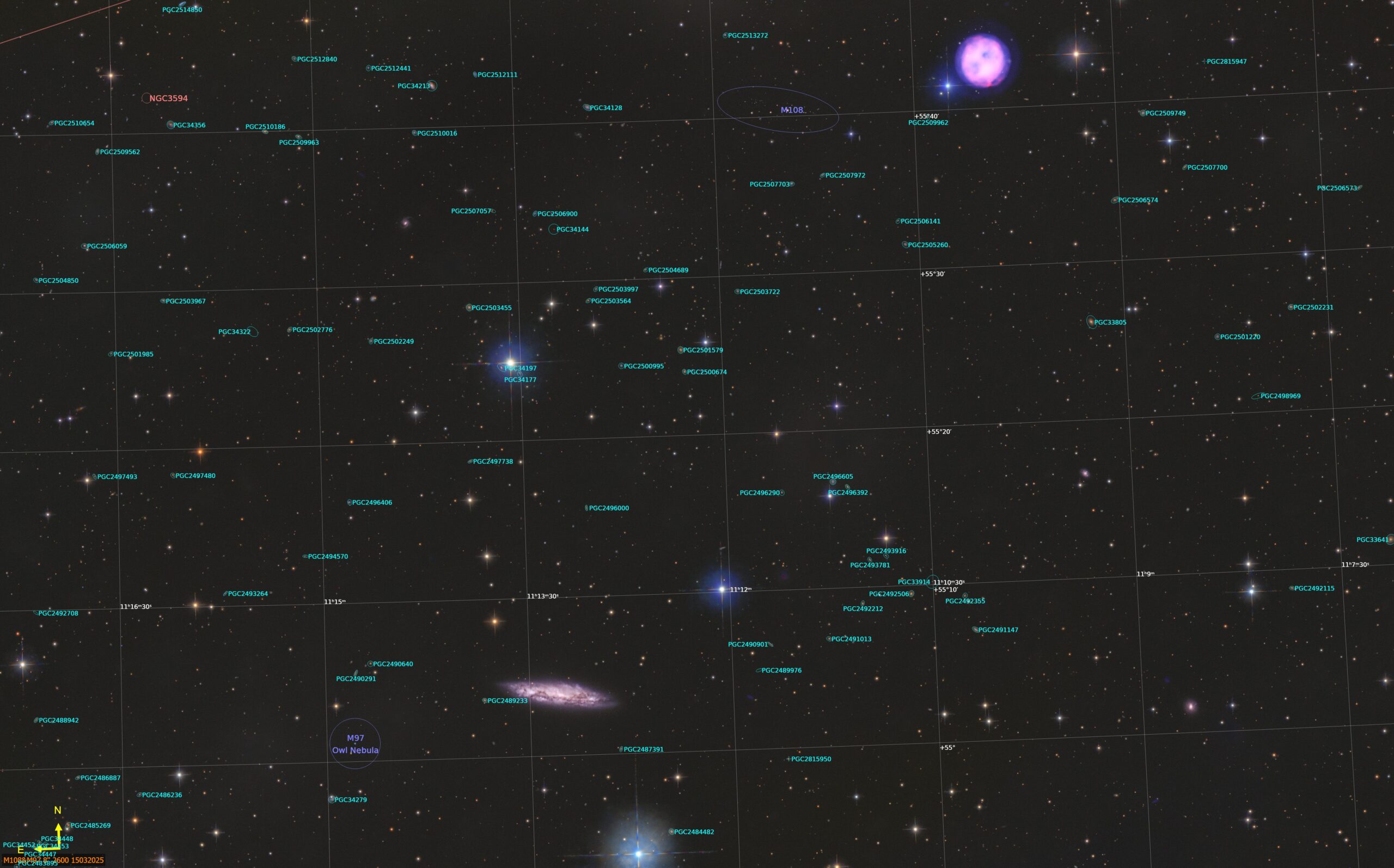annotierte Version der Astrofotografie M97 & M108